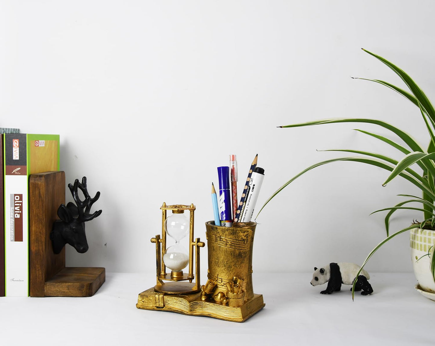 Music-Themed Pencil Holder with Hourglass, Resin Desktop Organizer for Office & Study, Pen Holder with Sand Timer, Classic Addition Scissors Storage, Artistic Accessory Gift