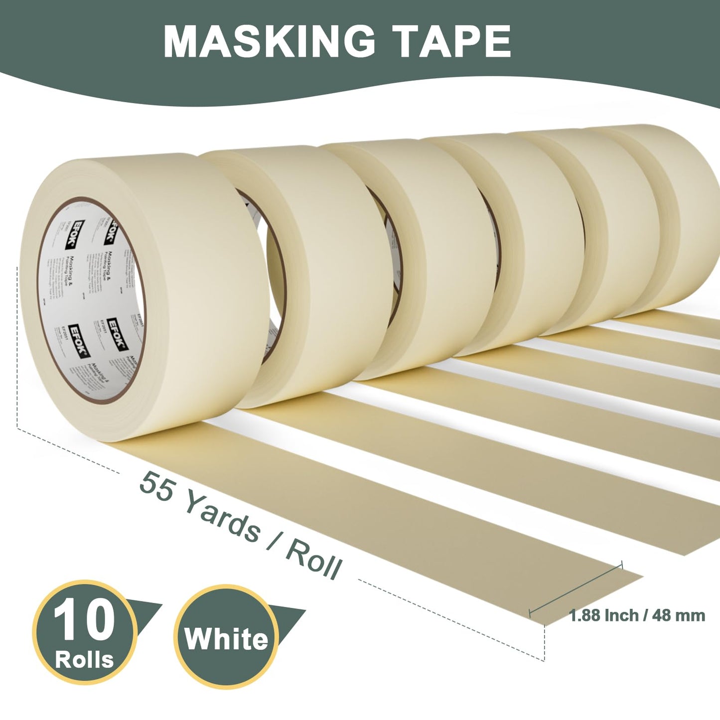 EFOK 10 Pack Masking Tape 2 Inch Wide Bulk, 2026 Upgrade White Painters Tape Anti-UV General Purpose, 1.88 Inch × 55 Yards Total 550 Yards