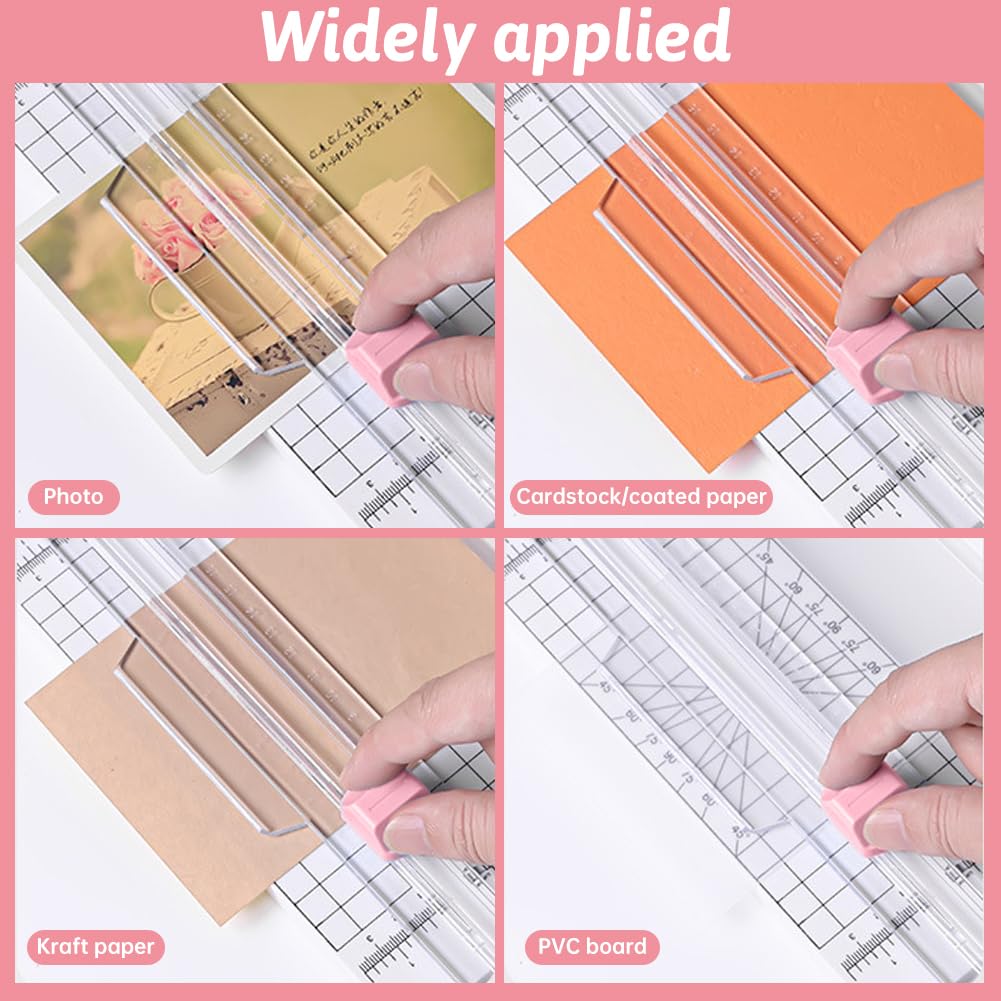 Paper Cutter,4-in-1 Paper Trimmer,Photo Cutter,Multi-Function Scrapbooking Tool with Dial Blades of Straight,Wave,Perforated,Creasing for Cutting Paper,Coupons,Postcards,Card (Pink)