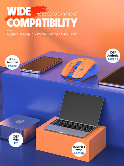 RAPIQUE Bluetooth Wireless Mouse - (BT1/BT2+USB Receiver) Dual Mode, Rechargeable, Quiet Click, Multi-Device Compatibility for Laptop, Computer, MacBook, Tablet (Blue and Orange)