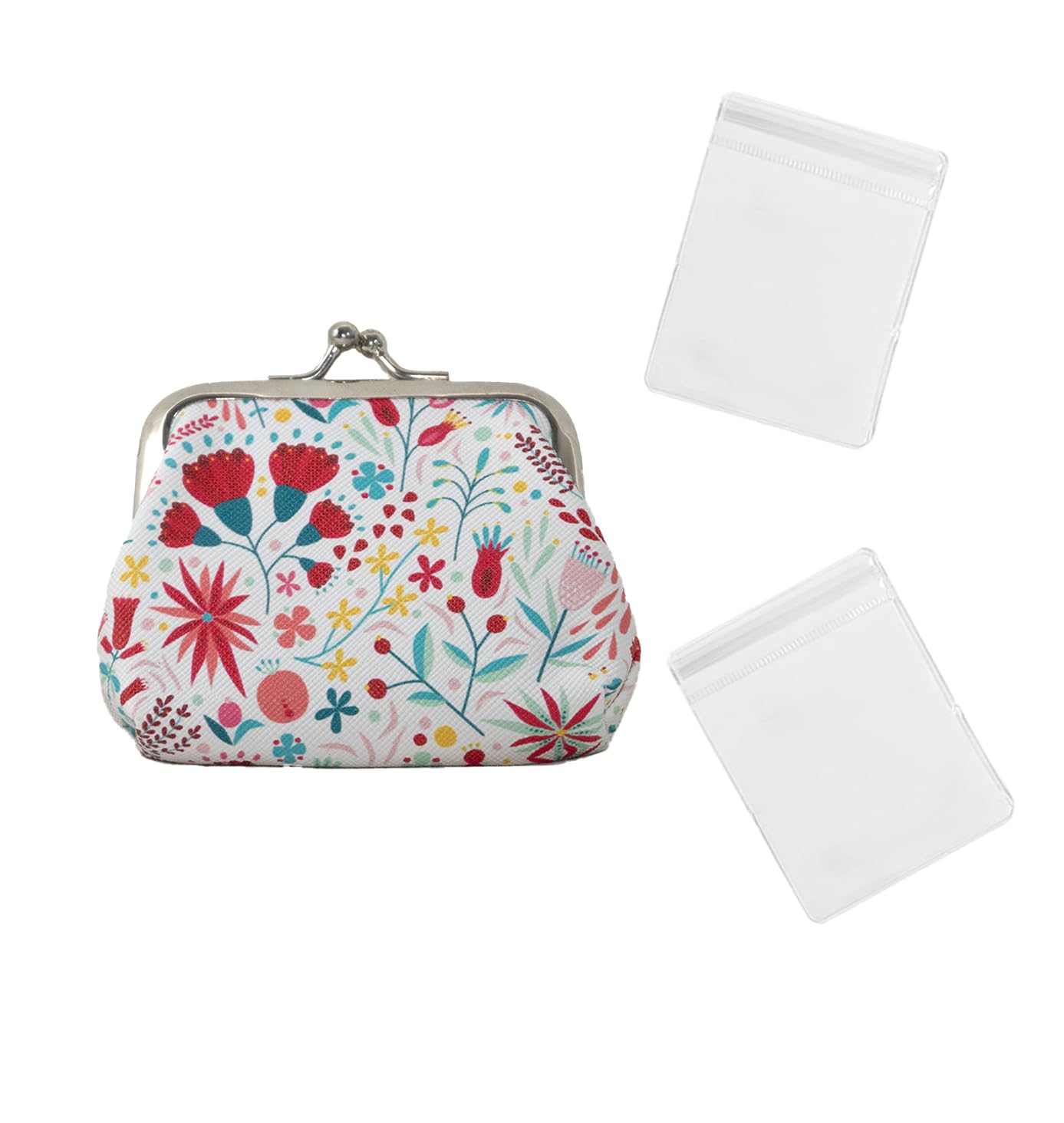 BenePoint Coin Purse for Women, Mini Purse Change Purse Coin Pouch with Kiss Clasp Lock& 2 Clear Jewelry Bags, Floral PU Leather Coin Purses Small Pouches for Cash and Jewelry (red)
