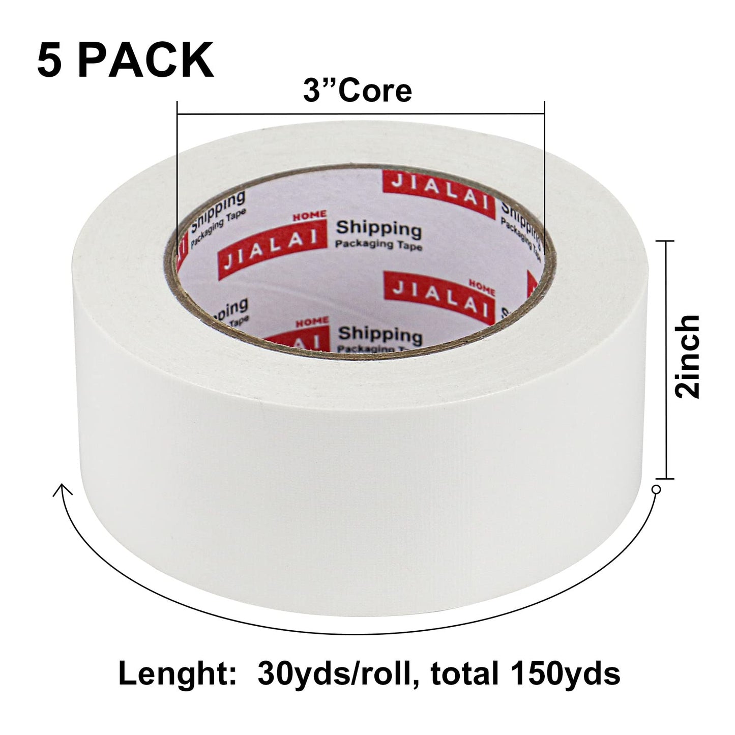 JIALAI HOME 5-Pack White Duct Tape, 2 inches x 30 Yards, 8.27 mil Thickness, Heavy Duty, Strong, Flexible, No Residue, All-Weather and Tear by Hand - for Patch, Protect and Temporary Repairs