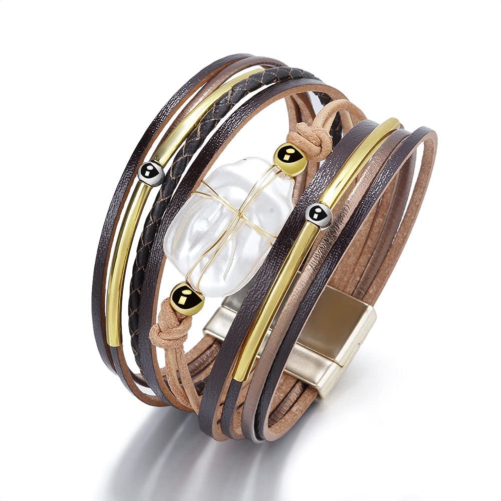 Fesciory Leather Wrap Bracelets for Women, Boho Leopard Multi-Layer Crystal Beads Cuff Bracelet Jewelry (Brown Leather(Pearl))