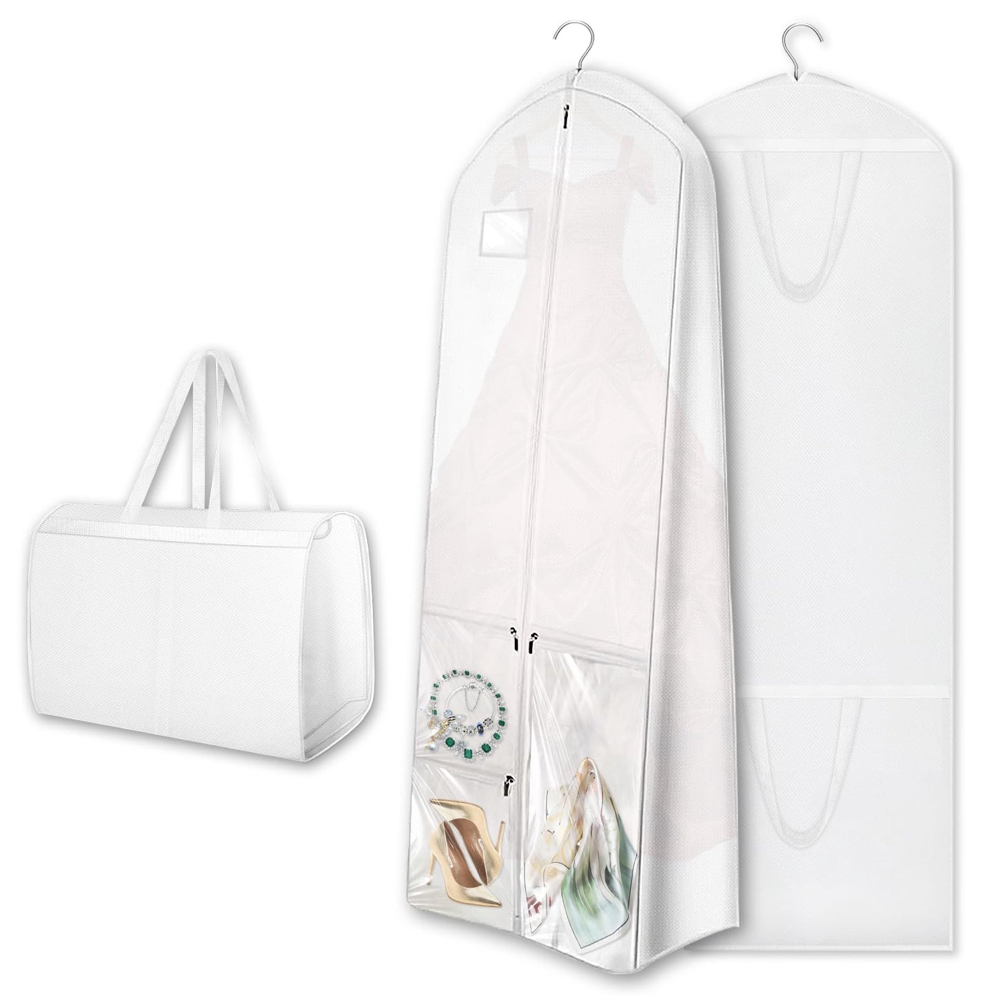 Dress Garment Bags, Long Garment Bags for Travel, 70’’ Wedding Dress Cover with Handle, Foldable Clothing Bag with Pockets and Zippers, White, 180 cm