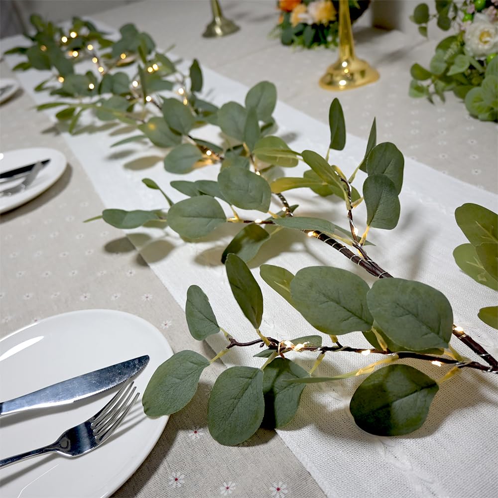 6.56FT Eucalyptus Garland with Lights 96 LEDs 8 Modes Battery Operated with Timer Faux Twig Vine Lights Spring Greenery Garlands for Mantle Fireplace Wall Table Stairs Wedding Party Bedroom Home Decor