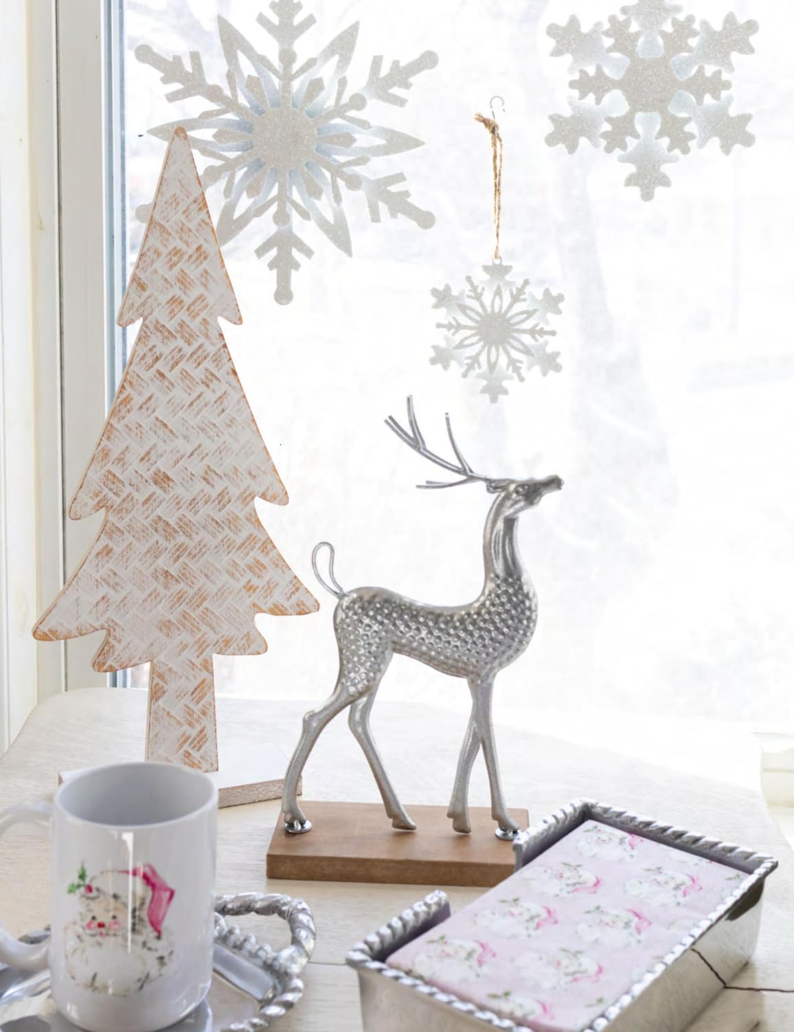 Boston International Christmas Tree for Tabletop Mantel Shelf Winter Holiday Decorations for Home, Medium, White Wash Basketweave Tree