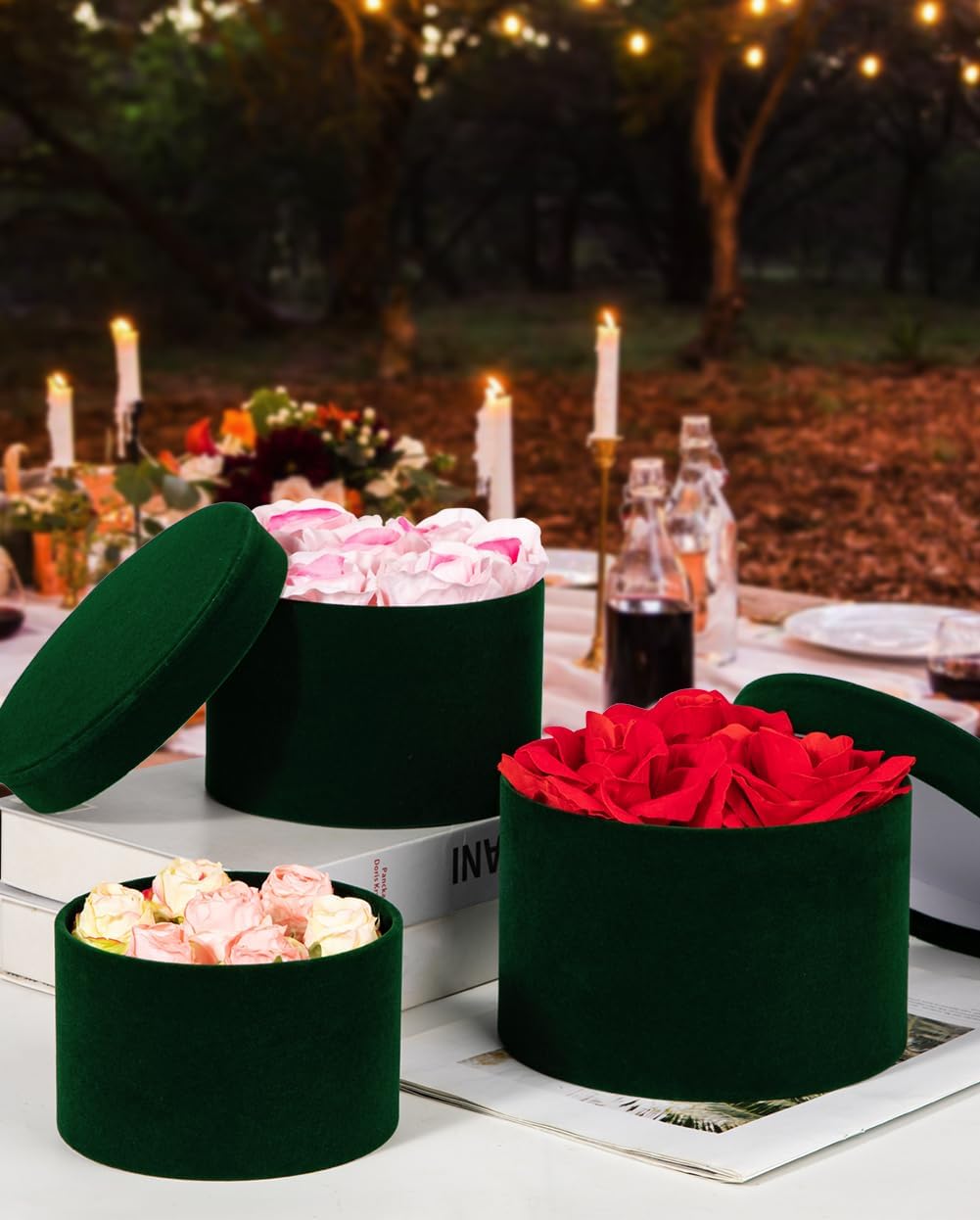 GnFlus Round Gift Boxes with Lids for Presents Set of 4 Green Velvet Nesting Gifts Box for Arrangements Flowers Wedding Birthday Valentines Bridesmaid Christmas Party Anniversary