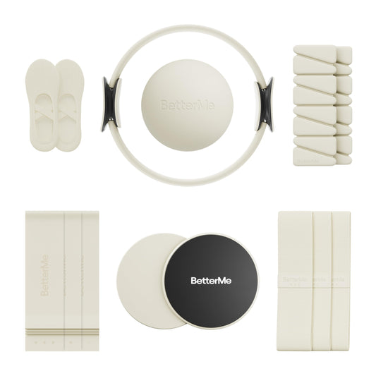 BetterMe Pilates Studio Kit – Pilates Ring, Pilates Ball, Resistance Bands & Sliders – Complete Pilates Equipment Set for Women – Home & Studio Pilates Workout Kit (Ivory)