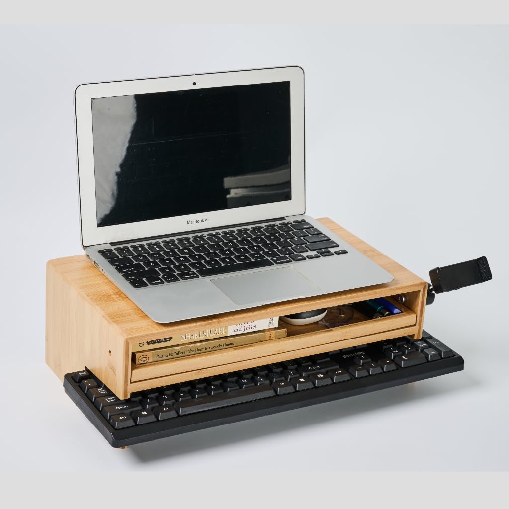 LICHIL Monitor Stand Desk Top Organizer with Storage Drawer & Phone Holder,Bamboo Monitor Stand with Keyboard Tray, Wide Monitor Riser Non Slip Desk Riser