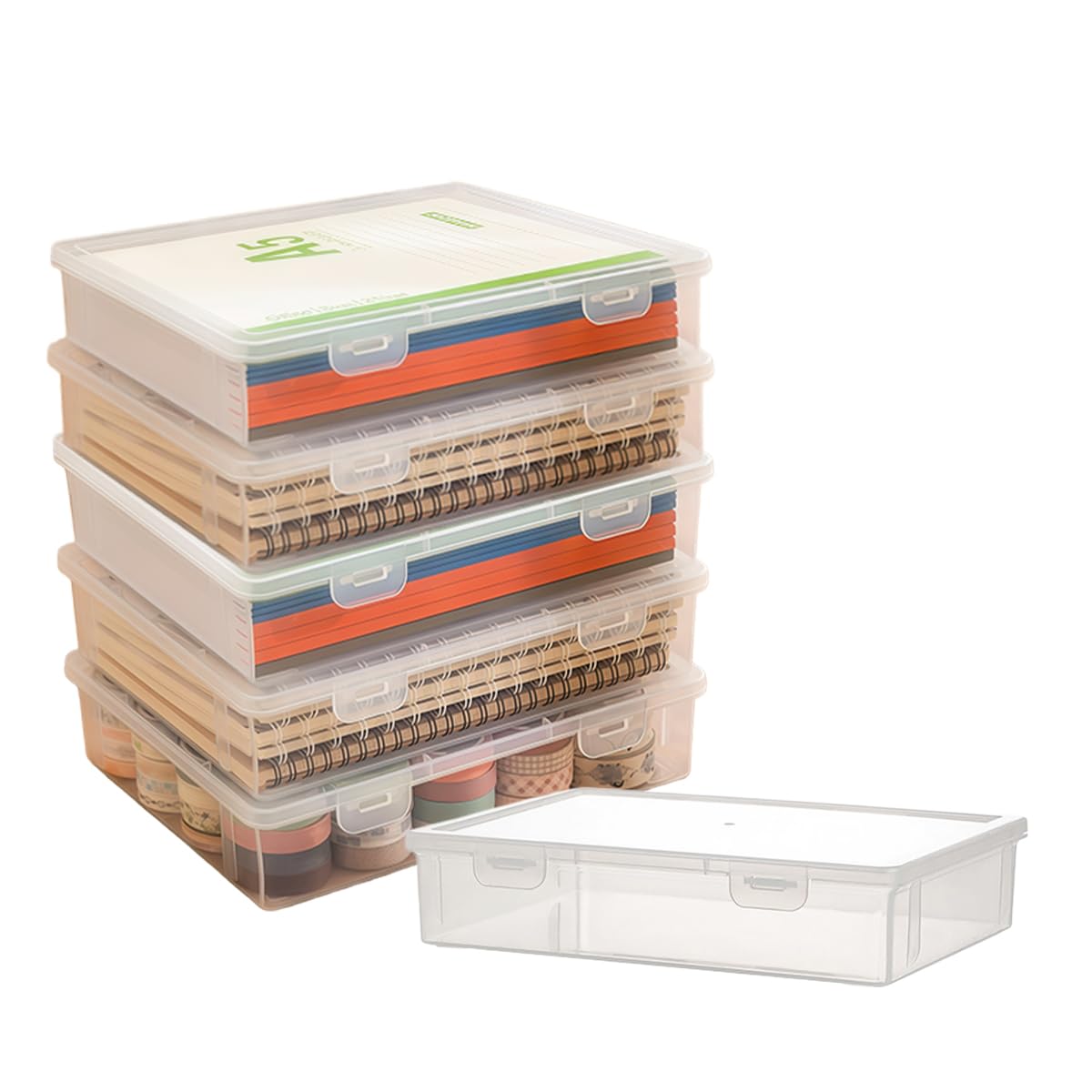 Odowalker 6 Pcs Clear Plastic Storage Box with Flap Lid, 9 x 6.7 x 2 Inch Art Supply Rectangular Containers Case, Multipurpose Craft Organizers for Notebooks, Beads, Pencils, Ornaments Accessories