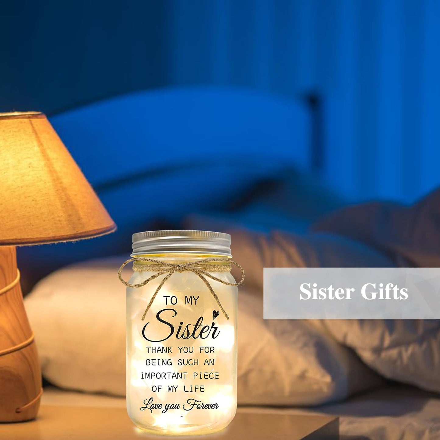 YOISTREVISK Sister Gifts - Mason Jar Night Lights with Warm Lights for Sisters, Unique Sister Birthday Gifts Ideas for Mothers Day Christmas Valentines Day, Heartfelt Home Decor Gift