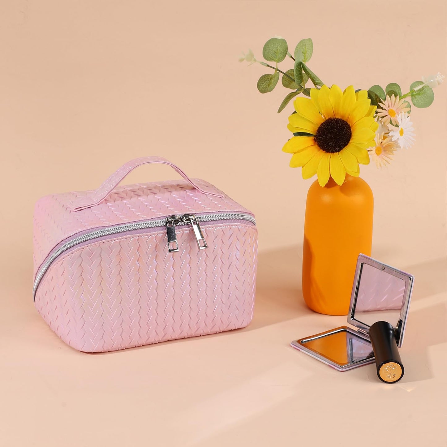 TINYAT Travel Makeup Bag for Women Open Flat Cosmetic Bags Leather Toiletry Bag Waterproof Pouch Travel Essentials Organizer