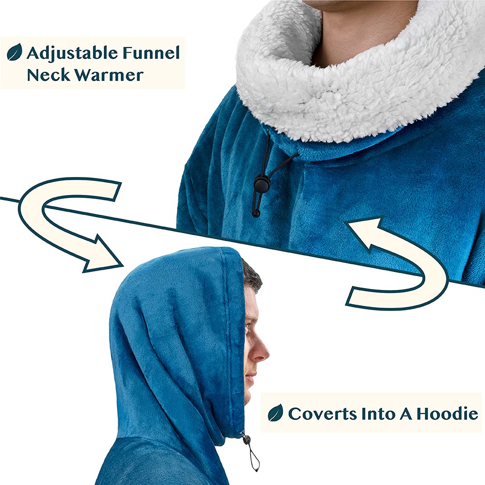 PAVILIA Sherpa Wearable Blanket Poncho for Women Men, Oversized Hoodie Sweatshirt Poncho Blanket, Hooded Sweater Wrap Cape Neck Warmer, Fleece Soft Hug Sleep Pod Adult, Cozy Warm Gift Ideas, Teal Blue