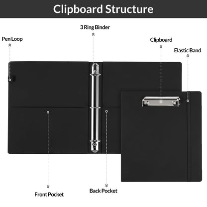 SKYDUE 3 Ring Binder with Clipboard, 13.2" × 10.2" Faux Leather 1 Inch Binder Organizer with 5 Pocket Dividers, Notepad, Labels & 2 Storage Pockets for Teachers, Students, Nurses & Office Work