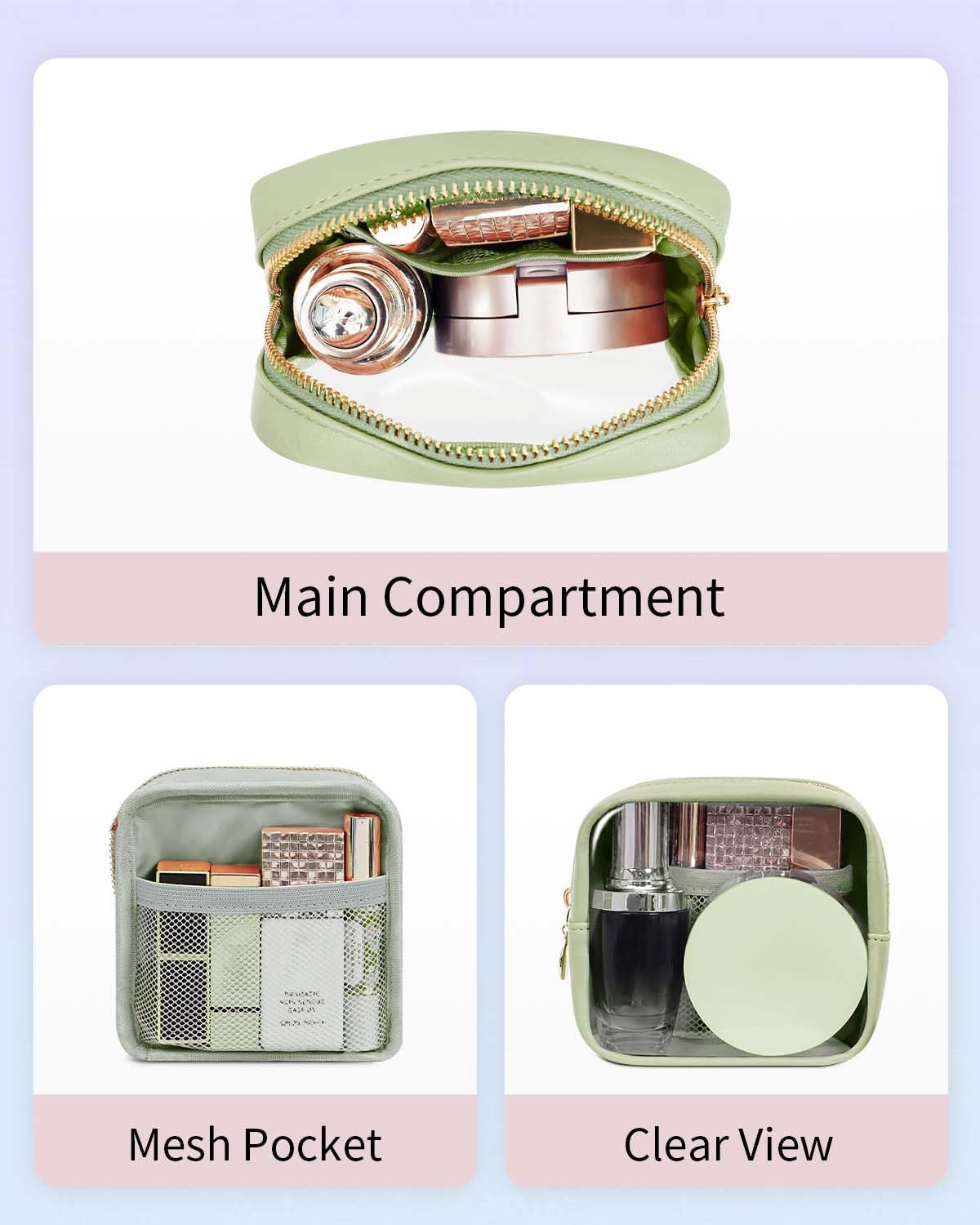 Wandering Nature Clear Makeup Bag for Purse Mini Make up Cute Cosmetic Bag Pouch for Women with Slip-in Pockets Travel Toiletry Essentials Eco Vegan Leather Organizer Bags(Patent Pending)