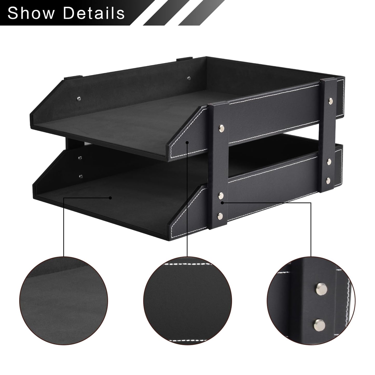 XNONE Leather Desk Organizer,2-Tier Stackable Letter Tray Holder,Office Supplies Desktop Storage Box for Document,Stationery,Magazines,Newspapers,Letters and Other Home Office Paper Sundries,Black