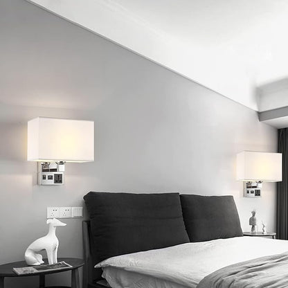 Bedside Wall Mount Light with USB, LED Reading Swing Arm Fabric Shade Wall Sconce, Hardwired Wall Lamp for Bedroom, Living Room Hotel (Chrome)
