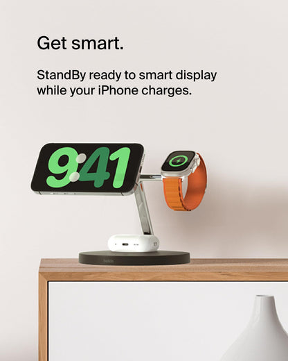 Belkin MagSafe-Compatible Charger, 3-in-1 Wireless Charging Station, Qi2-Certified 15W Wireless Charge for Apple iPhone 17 Series, Apple Watch, AirPods w/Non-Slip Base, 40W Included - Black