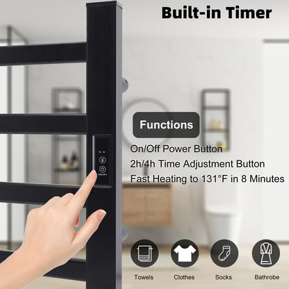 Towel Warmer Heated Towel Bar-Rack - Nopwer Bathroom Wall Mounted Electric Towel Drying Plug-in Matte Black 8 Bars