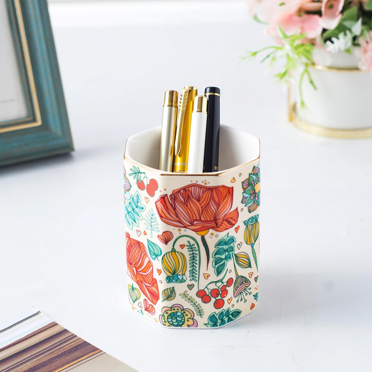 Aesthetic Desk Organizer Set of 2 For Office, Pen Holder and Paper Clip Holder Dispenser, Ceramic Cute Pencil Cup for Desk, Desktop Accessories, Office Decor, Ideal Gifts for Women, Mom (Flower)