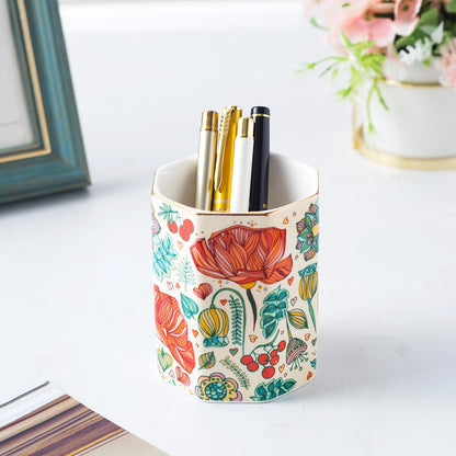 Aesthetic Desk Organizer Set of 2 For Office, Pen Holder and Paper Clip Holder Dispenser, Ceramic Cute Pencil Cup for Desk, Desktop Accessories, Office Decor, Ideal Gifts for Women, Mom (Flower)
