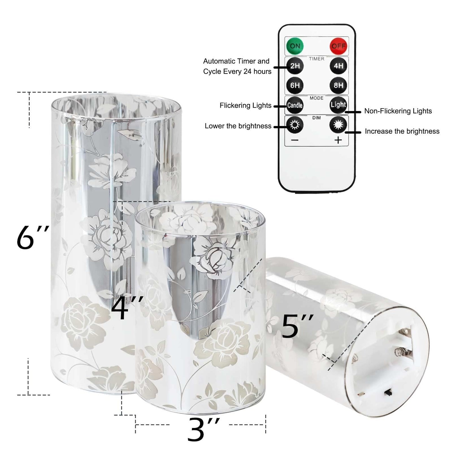 Floral Glass Flameless Candles Rose Romantic Battery Operated Candles with Remote Flickering LED Silver Real Wax Pillar Candle for Valentine's Day Wedding Party Home Christmas Decor, Set of 3