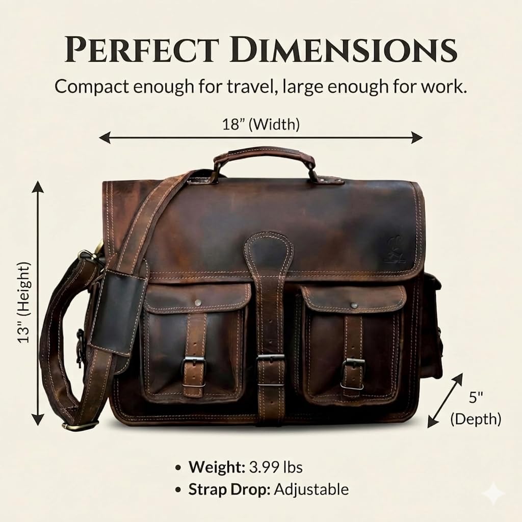 Leather Briefcase Work Bag for Men Women Dark Brown Crossbody Genuine Leather Satchel Office Bag for Men Women 18 Inch Computer Travel Messenger Laptop Shoulder Bag Cureo