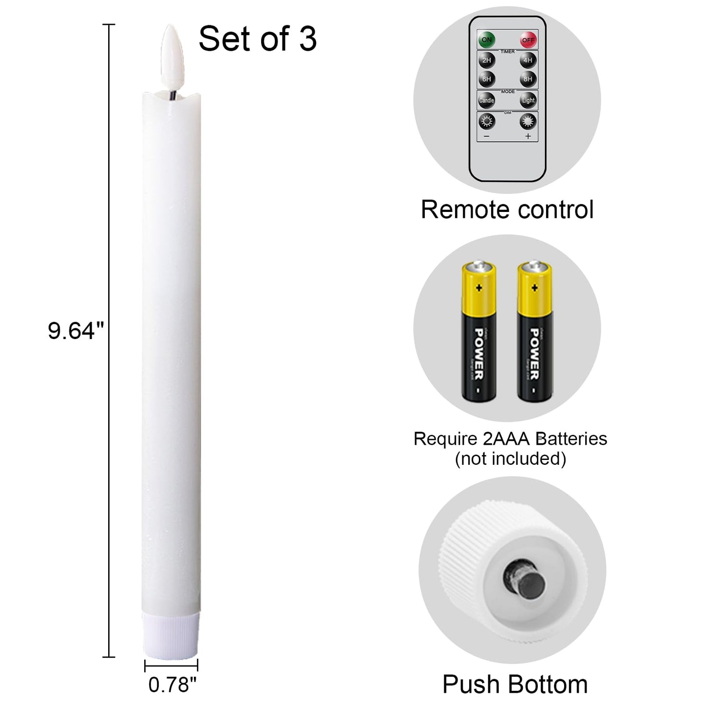 KunSwenn Taper Candles Battery Operated, Flameless Taper Candles with Remote Timer, White Real Wax LED Flameless Candlesticks for Christmas Home Decor(Set of 3, 0.78” x 9.65”)