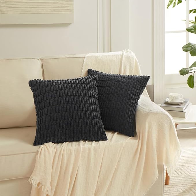 Fancy Homi Black Decorative Throw Pillow Covers 18x18 Inch for Living Room Couch Bed Sofa, Rustic Farmhouse Boho Home Decor, Soft Striped Corduroy Square Cushion Case 45x45 cm