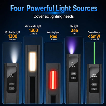 SSPONT EDC Flashlight 4 in1 Magnetic Flashlight High Lumens Work Light with Green Beam & UV & Warning Light Combo EDC Flashlight Rechargeable LT-010 (Black)