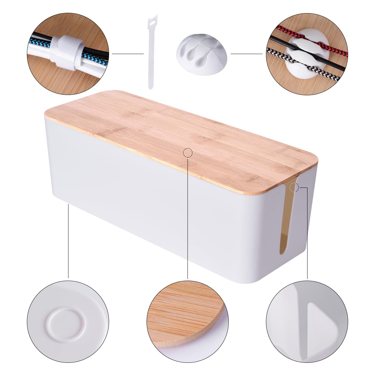 2 Pack Large Cable Management Box – Wooden Style Cord Organizer and Cover for TV Wires, Computer, Router, USB Hub and Under Desk Power Strip – Safe ABS Material and Baby-Pets Proof Lock (White)