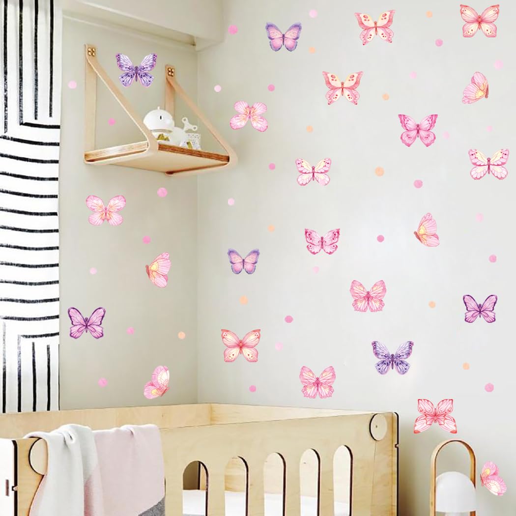 XUOIAYNB Pink Butterfly Wall Stickers,Butterflies with Plot Dots Vinyl Wall Decals, Removable Butterfly DIY Wall Art for Girl Bedroom Nursery Room Decor