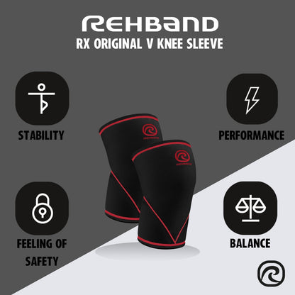 Rehband Classic 7mm V Knee Sleeve for Weightlifting, Competition Grade Powerlifting Knee Sleeve, Compression Sleeve for Crossfit, Squats, Gym & Heavy Lifts, Colour:Black/Red - 1 Pair, Size:XX-Large