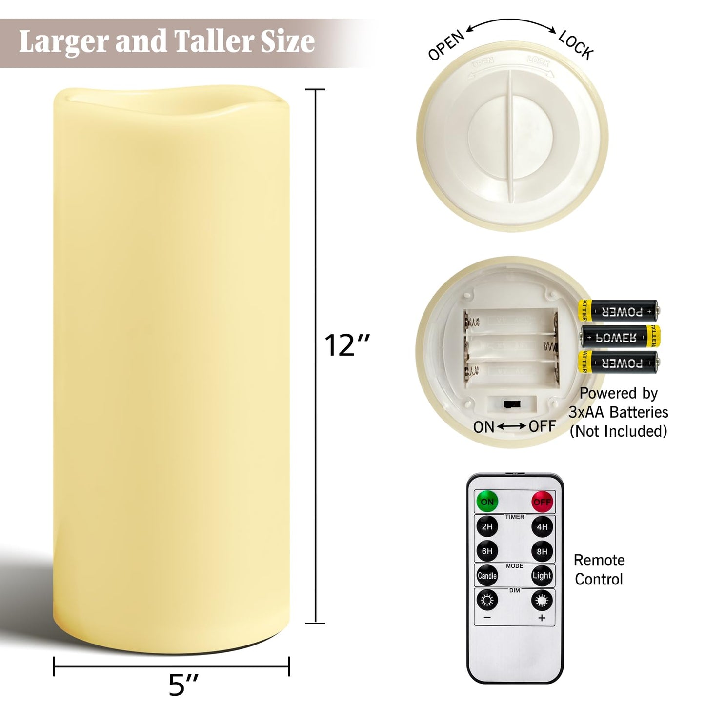 Lumeavetra 5" x 12" Large Waterproof Outdoor Flameless Candles Battery Operated LED Pillar Candles for Indoor Outdoor Lanterns, Ivory, Long Lasting, Set of 2