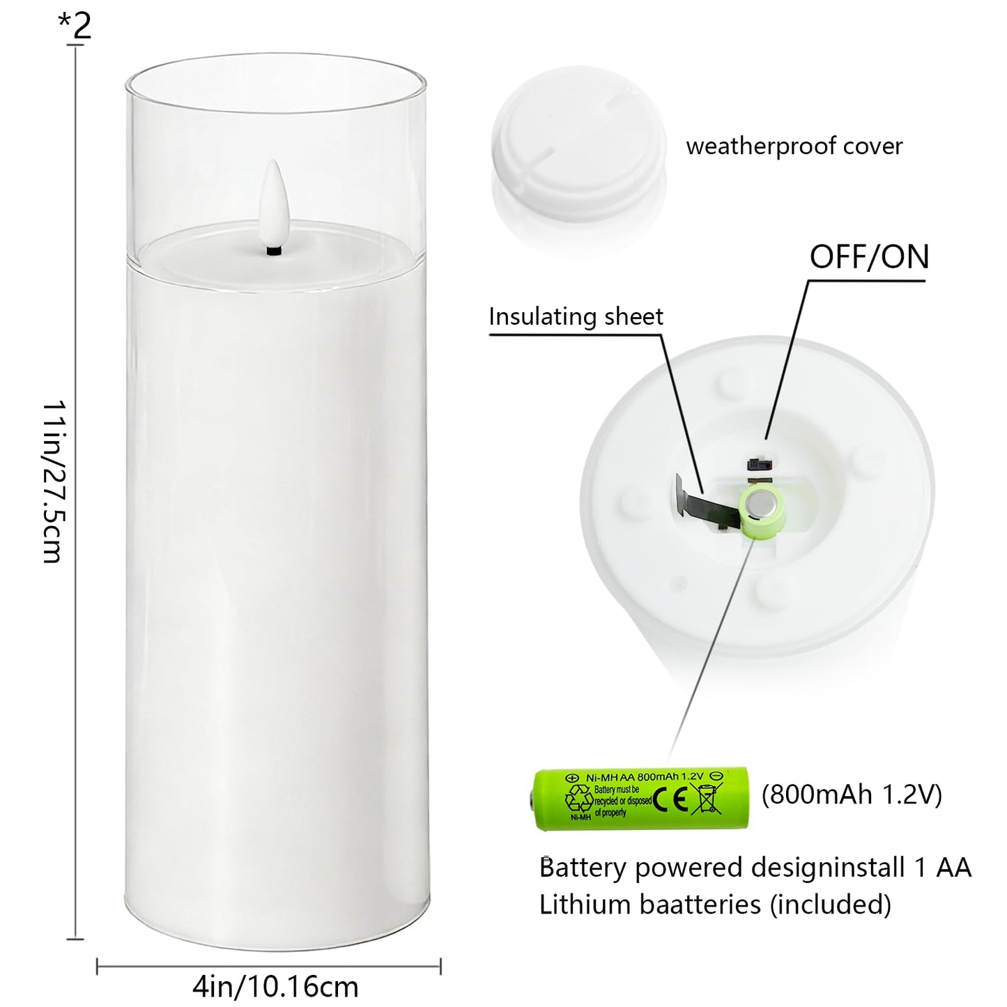 kakoya Large Solar Flameless Candles Outdoor Waterproof 11" x 4",2Pcs LED Pillar Candles Included Rechargeable Solar Battery with Embedded Star String for Outdoor Porch,Patio Decor(White)