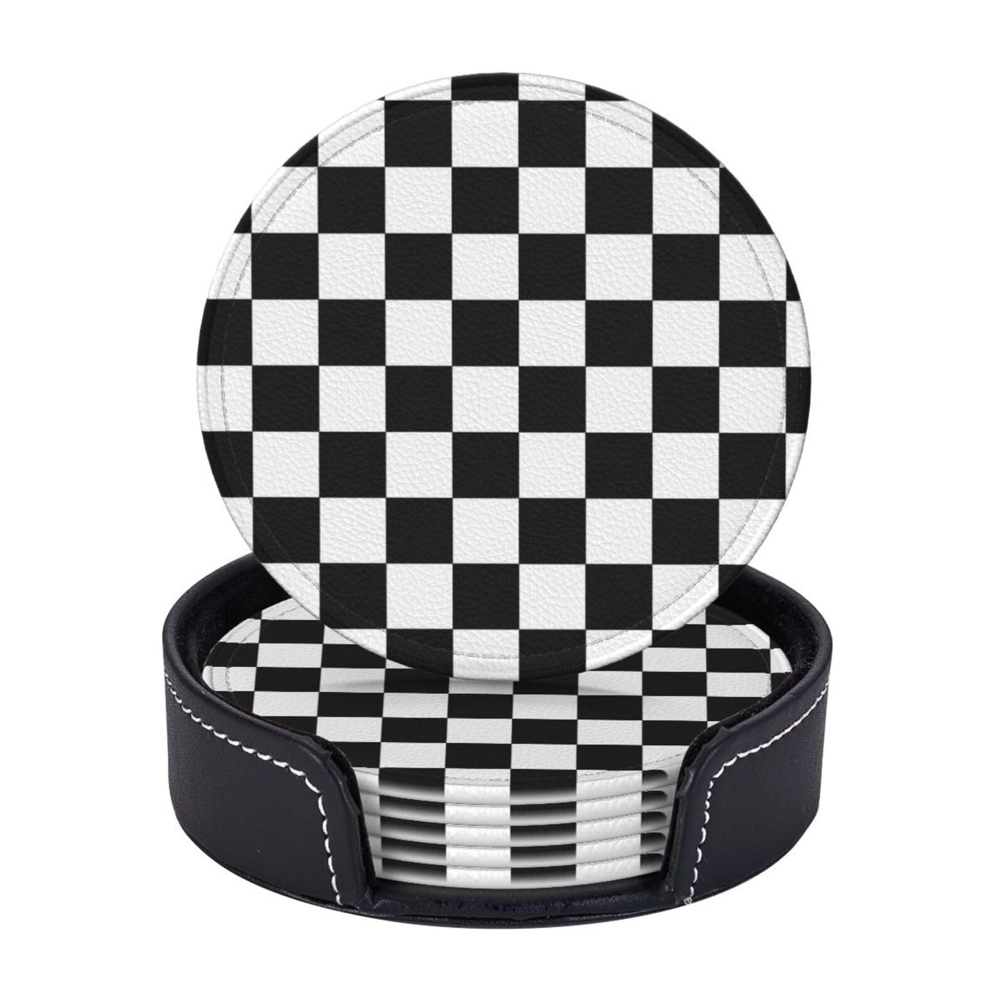 Black Checkered Leather Coasters Set of 6 with Holders for Drinks Cups, White Plaid 3.9" Round Coasters 6 Pcs for Coffee Bar Table Decor