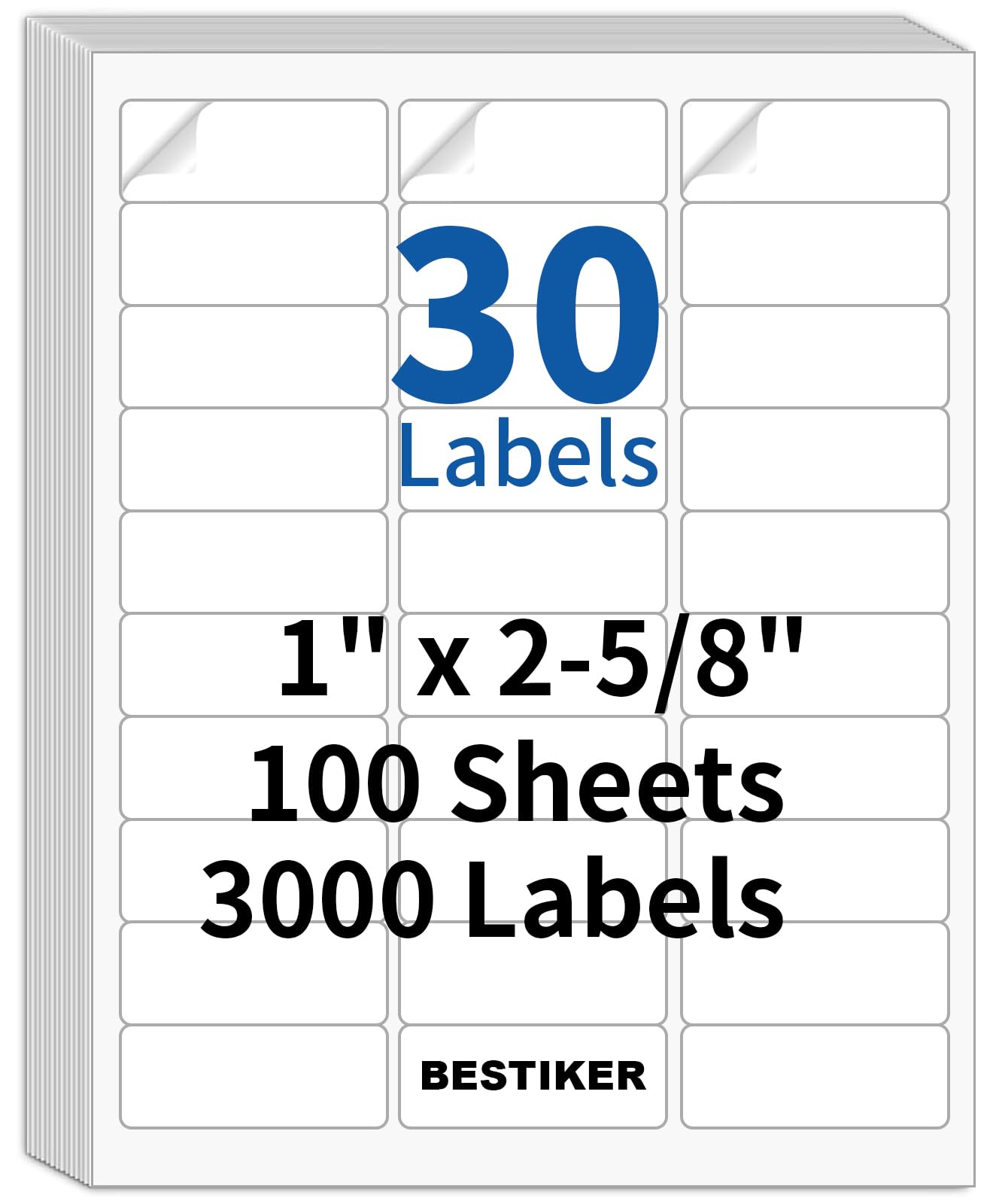 3000 Address Labels, BESTIKER 1” x 2-5/8” Printable Mailing Label for Envelopes, 30up Labels White Stickers for Laser Inkjet Printers, FBA Barcode Label 100 Sheets