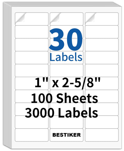 3000 Address Labels, BESTIKER 1” x 2-5/8” Printable Mailing Label for Envelopes, 30up Labels White Stickers for Laser Inkjet Printers, FBA Barcode Label 100 Sheets