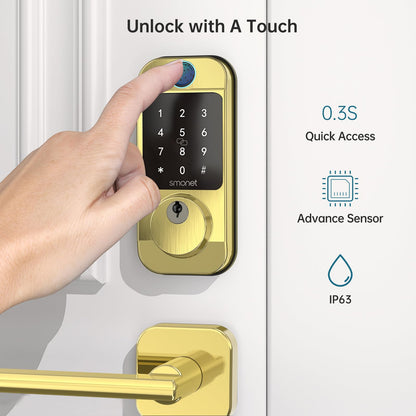 Keyless Door Lock with Handle Set - SMONET WiFi Fingerprint Smart Locks for Front Door, App Remote Control, Digital Bluetooth Keypad Deadbolt Set with Alexa, Auto Lock, Code, Fobs for Home Black