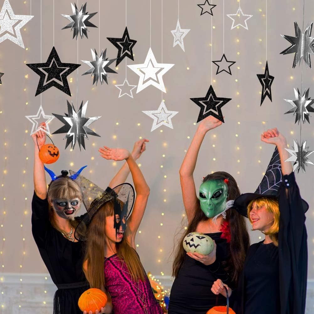 Cheerland Glitter Black Silver Party Decorations Star Garlands Starry Night Streamers Hanging Stars Birthday Twinkle Little Star Moon Decorations Graduation Halloween Wedding Bridal Ramadan NYE