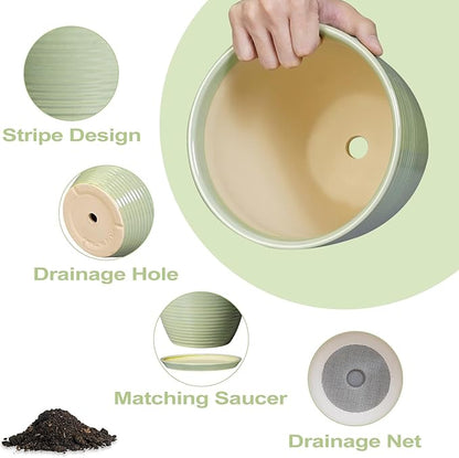12 Inch Pots for Plants - Round Ceramic Planter with Drainage Hole and Plant Saucer for Flower Indoor Outdoor, Modern Room Office Home Garden Decor, House Warming Gifts, Green