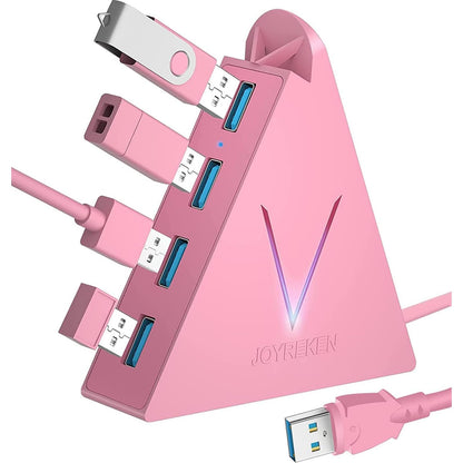 4-Port USB 3.0 Hub, FlyingVHUB Vertical Data USB Hub with 2 ft Extended Cable, for Mac, PC, Xbox One, PS4, PS5, iMac, Surface Pro, XPS, Laptop, Desktop, Flash Drive, Mobile HDD(Pink)