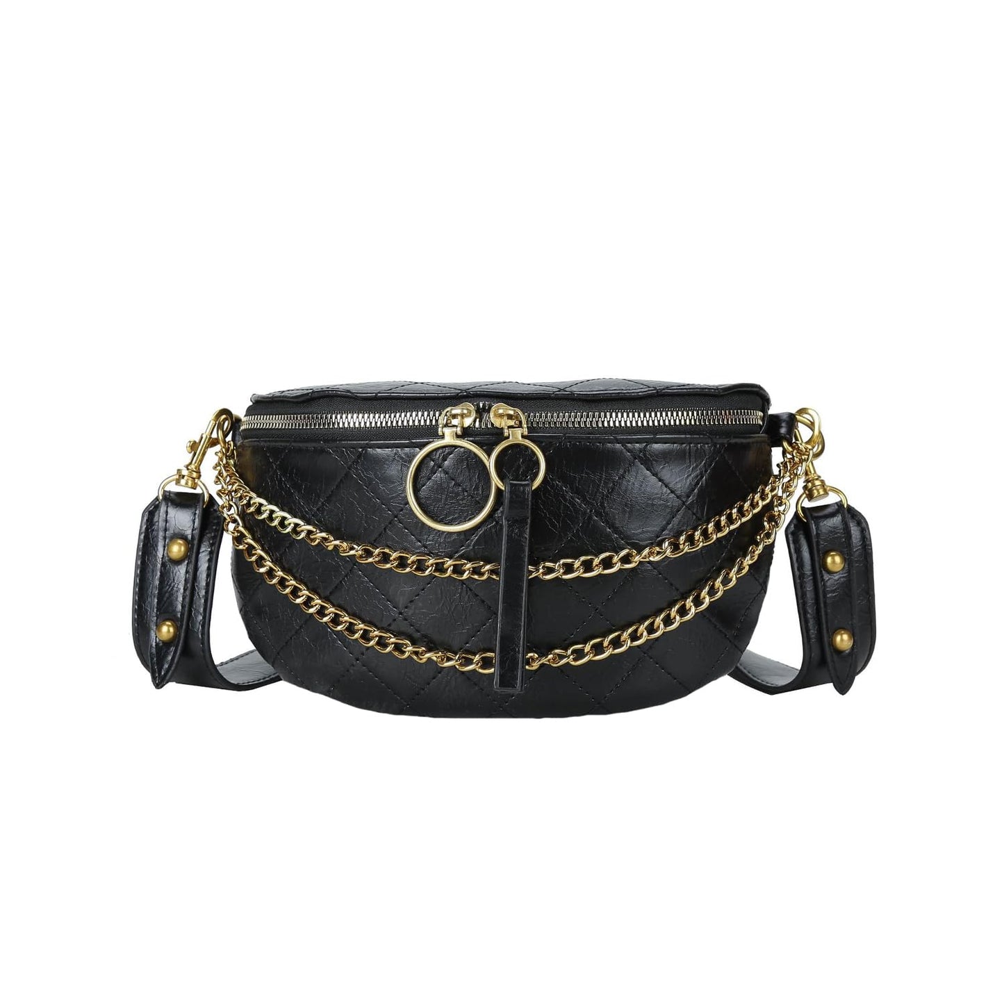 Leather Fanny Pack for Women Crossbody, Dressy Belt Bag with Gold Chain - Black Luxury Waist Purse(Black-2)