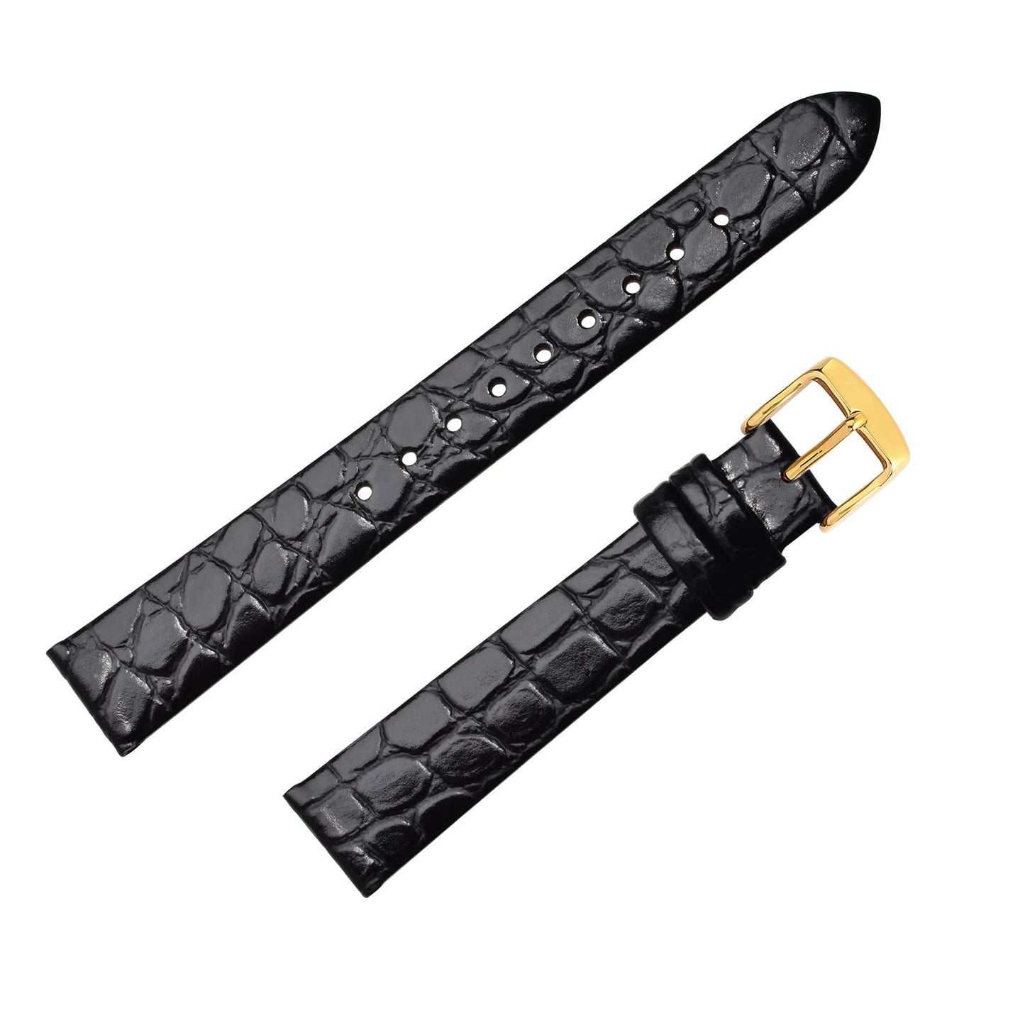 BISONSTRAP Watch Straps for Women, Crocodile Pattern Leather Thin Watch Replacement Bands,12mm, Black with Gold Buckle