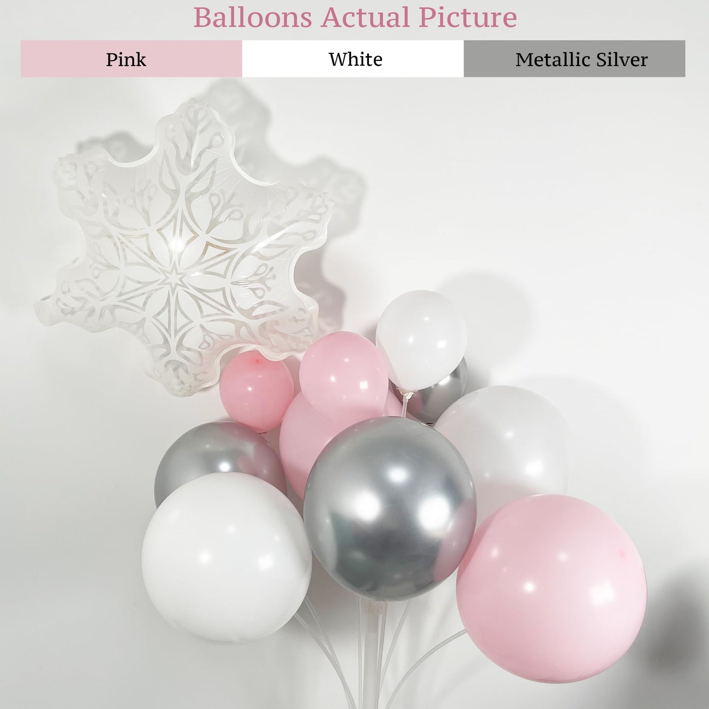 PartyXpress 144PCS Pink Winter Balloon Arch Garland Kit with White Silver Snowflake Star Balloons for Winter Wonderland Girl Baby Shower, Baby Its Cold Outside Party, Christmas Decorations