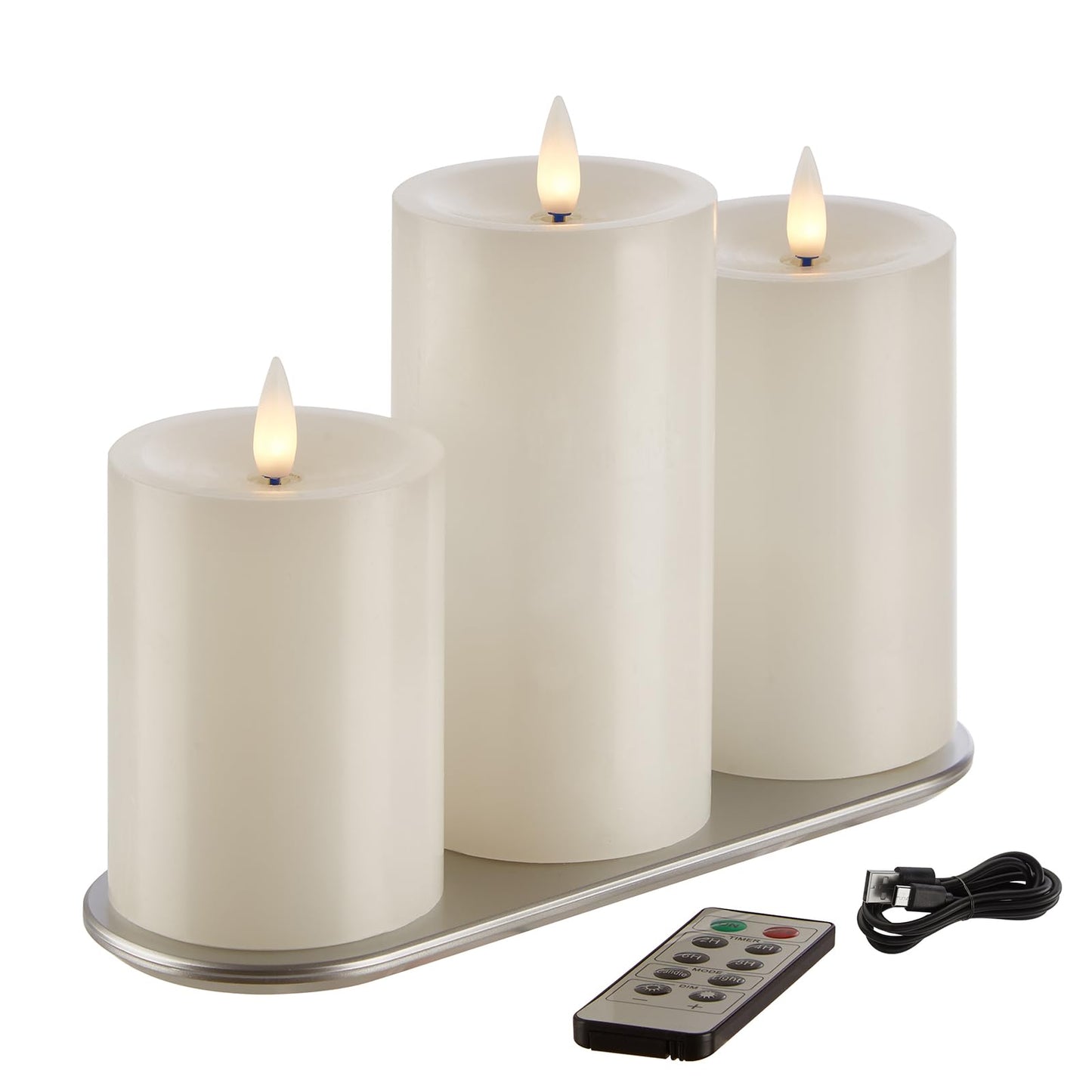 CozierGlow Rechargeable Flameless Pillar Candle with Remote Timer, 3D Moving Flame Real Wax Led Pillar Candles (White, 3''x4''/5''/6'')