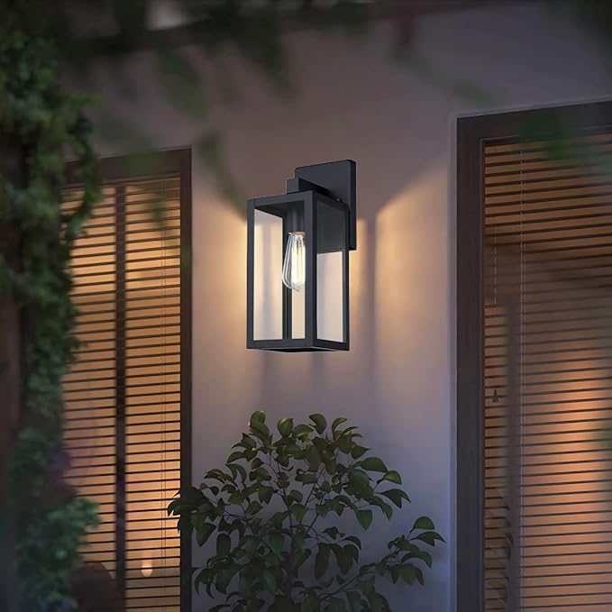 GRUENLICH Waterproof Large Outdoor Wall Lanterns, Modern Black Porch Sconces with Clear Glass Shade, E26 Socket Max 60W, IP65 Rated, Metal Frame, for Patio, Front Door, Entryway, 2-Pack