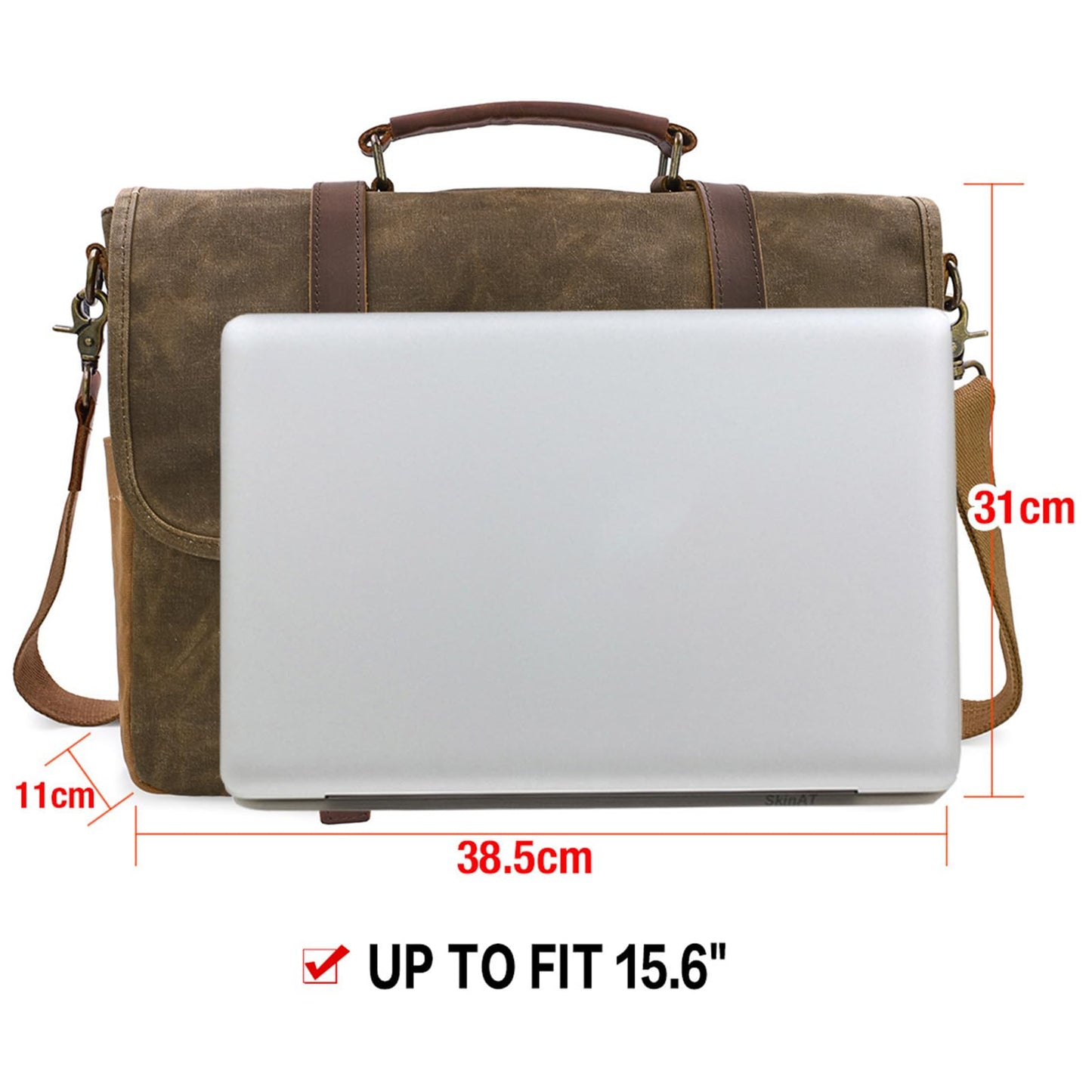 Mens Messenger Bag 15.6 Inch Waterproof Vintage Genuine Leather Waxed Canvas Briefcase Large Leather Computer Laptop Bag Rugged Satchel Shoulder Bag, Coffee