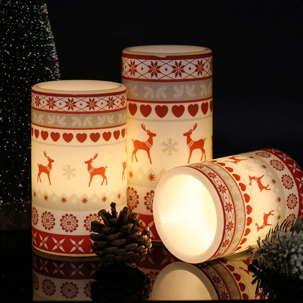 GenSwin Deer Flameless Candles Flickering Battery Operated with 6 Hours Timer, Real Wax Pillar LED Candles Warm Light Love Deer Decal Decor Gift(Pack of 3)