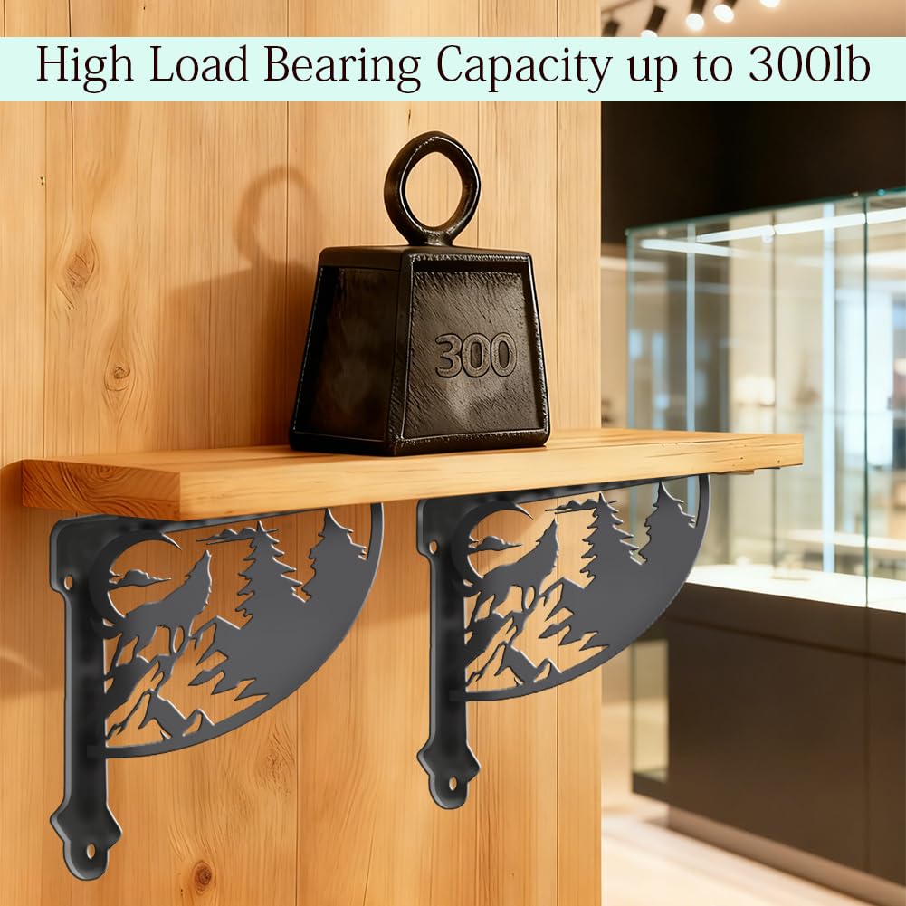 PRESSINART 2Pcs Ornamental Shelf Support Brackets 6.77 x 8.27 x 0.08 Inch Forest Shelf Brackets Black Wolf Tree Iron Wall Mount Ornate Right Angle Rustic Style Holder for Kitchen Bedroom Decoration